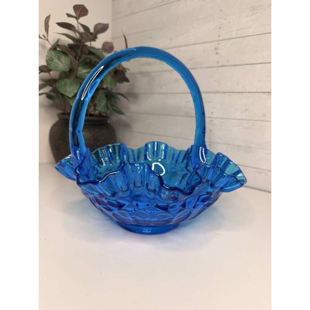 Vintage Fenton Glass Ruffled Rim Cobalt Blue Thumb Print Brides Basket w/Handle